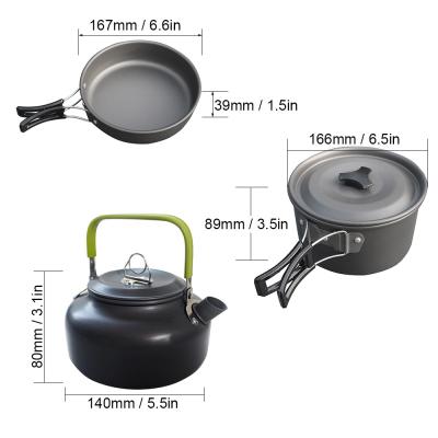 China Portable camping cookware 2-3 person camping cookware mess kit and outdoor camping mess set teapot combination alumina picnic cookware for sale