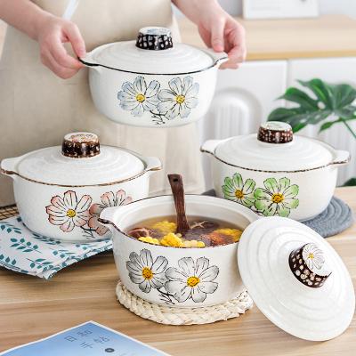 China Viable Wholesale Bulk Flower Decor 4Pcs Kitchen Stock Pots Set Handles Ceramic Stock Pots With Lid for sale