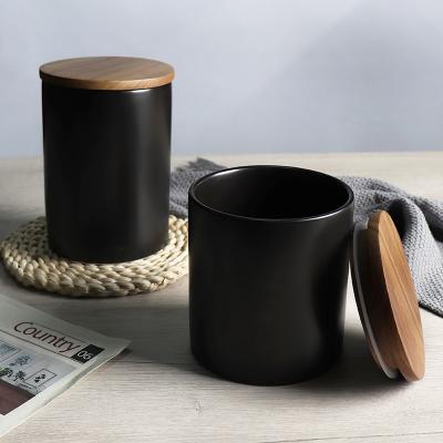 China Custom Wooden Black Lid Dry Sugar Tea Coffee Jar Matte Food Storage Canisters Kitchen Food Storage Jar Ceramic Jar for sale