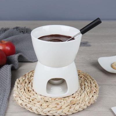 China Sustainable Custom Ceramic Fondue Pot Swiss Cheese Chocolate Melting Hotpot Fondue Set With Fork for sale