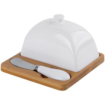 China Viable Custom Dessert Butter Keeper Container Dish Set Bamboo Tray White Ceramic Butter Dish With Lid And Knife for sale