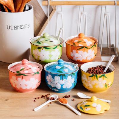 China Viable Wholesale Kitchen Condiment Spice Serving Jars Container Jar Decor Ceramic Seasoning Jars With Spoon for sale