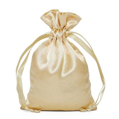 China Elegant Gift Gold Satin Silk Fabric Drawstring Bag For Gifts Packing for sale