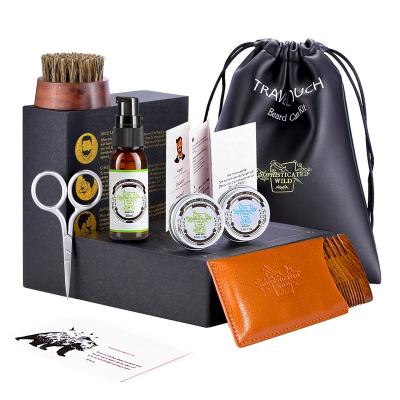 China Gift Box Beard Grooming DEEP CLEANING Kit --Black Walnut Brush and Beard Comb with Oil and Beard Balm and Scissors Shaving Set for sale