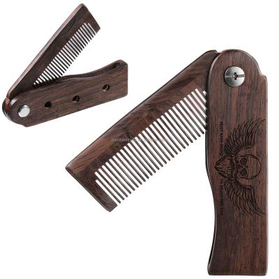 China Foldable Wooden Beard Beauty Care Private Label Beard Comb For Men Walnut Flip Beard Comb for sale