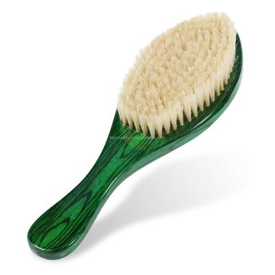 China Custom Made 360 ​​Green Wooden Long Handle Boar Bristle Hair Brush Wave Curve Beard Brush Waterproof Green With Mirror for sale