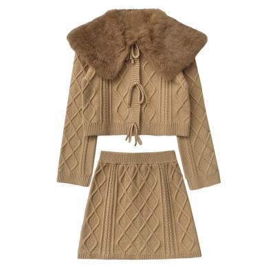 China AW Breathable Women Cable Knitted Set Knit Suit With Big Faux Fur Collar Sweater Skirt for sale