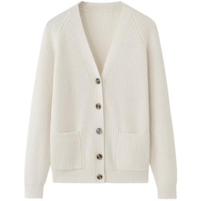 China Anti-wrinkle OEM Customized Women High Quality Rib Knit Long Wool Cashmere Button Cardigan With Pockets for sale