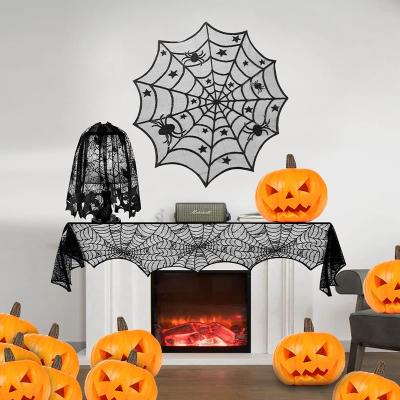 China Halloween Home Window Decor Halloween Decoration Set Spider Web Table Runner Around Fabric Fireplace Mantel Scarf Black Lace Lampshades Bats Sticker Decor wall for sale