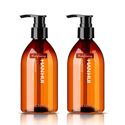 China 250ML 30%PCR Amber Plastic Shampoo Bottles With  Black Pump Lotion Top for sale