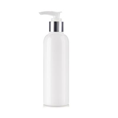 China 150ml Tall Boston White Plastic Bottles With Silver Chrome Pump Lotion Top for sale