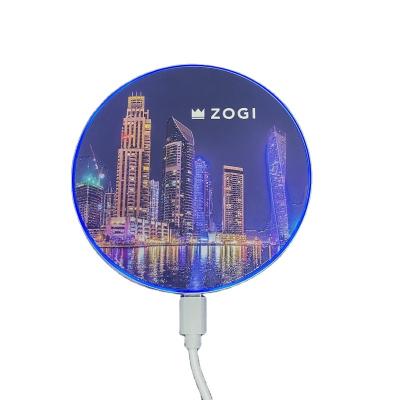 China Fod Workable Hot Selling QI Fast Charging Pad With Full Color Printing And LED Light 10W 15W Fast Wireless Charger for sale