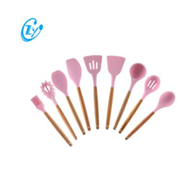 China Amazon Sustainable Hot Sale Silicone Kitchenware Set Wooden Handle Cooking Tools Kitchen Utensil for sale