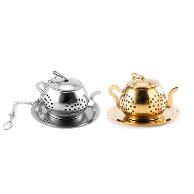 China Viable Loose Leaf Tea Ball Infuser Filter 304 Stainless Steel Teapot Shape Gold Tea Strainer for sale