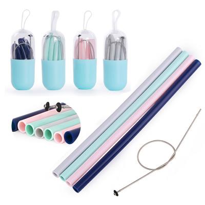 China Top Selling Viable Silicone Straw Set Reusable Pink Gray Silicone Collapsible Straws With Cleaning Brush for sale