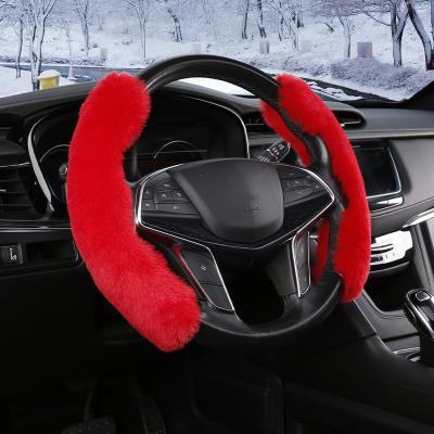 China Faux Fur Fitted Winter Fluffy Soft Fur Plush Car Microfiber Faux Rabbit Warm Universal Set Fuzzy Car Steering Wheel Cover for sale