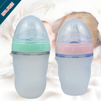 China Customized BPA free logo baby milk feeding bottle 2021 bpa tending free silicone feeding bottle nipple bottle for sale