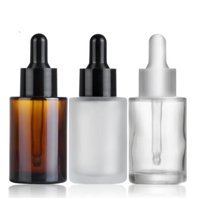 China Wholesale Cosmetic Amber Flat Shoulder Cosmetic Glass Bottle 30Ml 1 Ounce Essence Dropper Bottle OEM ODM for sale