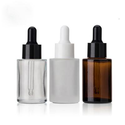 China Shoulder Serum Essential Oil Cosmetic Custom Flat Glass Dropper Bottles 30ml For Cosmetic Packaging for sale