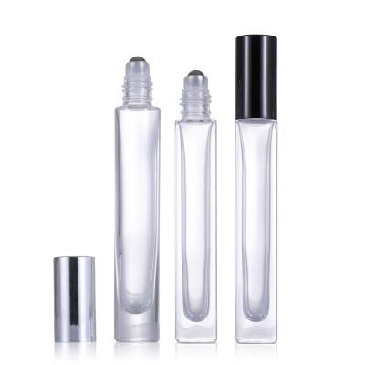 China Personal Care Long Style Glass Roll Bottles 10ml Thick Bottom Roll On Perfume Bottle With SS Ball And Gold Black Silver Cap for sale