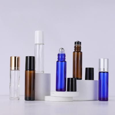 China Personal Care Essential Oil Perfume Roll On Bottle Clear Amber Blue Glass 10ml Roll On Bottle With Plastic Cap for sale