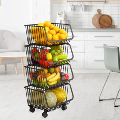 China Eco-Friendly Wire Vegetable Metal 4 Tier Rack Organizer Storage Basket Storage Stackable Rack With Wheel for sale