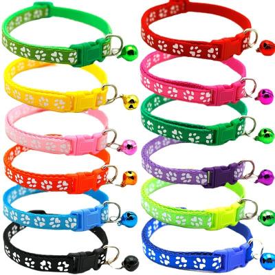 China Viable Factory Wholesale Multi Colors Paw Print Adjustable Nylon Pet Cat Dog Collar with Bell for sale