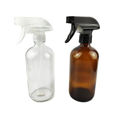 China 500ml 16oz Cosmetic Boston Clear Transparent Amber Brown Mold Round Glass Bottles With Trigger Sprayer for sale