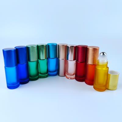 China Cosmetic Refillable 5ml Rainbow Color Frosted Glass Stainless Steel Balls Roller Bottles For Perfume for sale