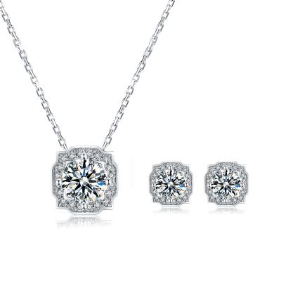 China TRENDY 18k White Gold Plated 925 Sterling Silver 1ct 6.5mm Moissanite Necklace 0.5ct 5mm Moissanite Earrings Women Jewelry Sets for sale