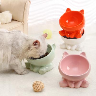 China New Sustainable Hot-selling Ceramic Cat Bowl Cat Food Basin Oblique Dog Bowl Neck Guard Ins. Pet Bowl for sale