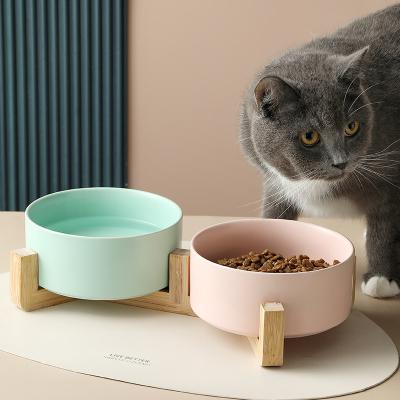 China Wooden Frame Dog Bowl Cat Food Basin Wholesale Ceramic Viable Neck Guard Anti-Spill Neck Guard Bamboo Drinking Easy Cleaning Bowl for sale