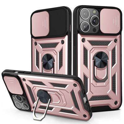 China Shockproof For iPhone 13 Pro Max Phone Case Cover Anti Shock Slide Camera Lens Protector With Ring Kickstand for sale