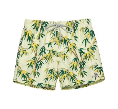 China Anti-wrinkle Light Yellow Bamboo Printing 100% Polyester Men's Swim Shorts Lightweight Men's Swimwear Trunks for sale