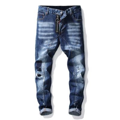 China New Youth Blue Fashion Stitching Patch Jeans Ink Men's Breathable Hole Stretch Denim Pants for sale