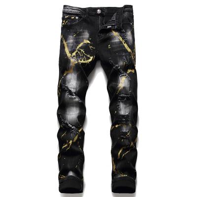 China Factory foreign trade breathable sling paint printing European slim jeans and American hole fashion stretch jeans straight pants for sale