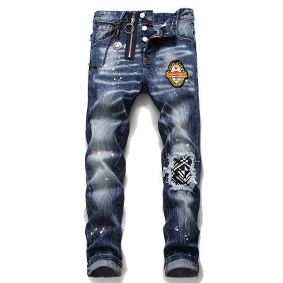 China 2022 breathable spring and summer new youth embroidered European jeans men and American splash ink blue leggings for sale