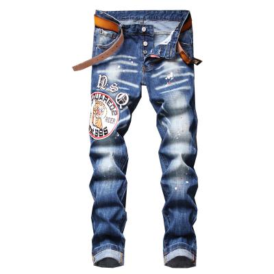 China Teenagers Mid Waist Breathable Embroidered Badge Jeans Stretch Denim Barrel Stain European And American Straight Pants for sale