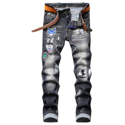 China Autumn and winter black waist breathable denim pants badge micro-elastic casual spot cotton youth embroidery straight pants for sale