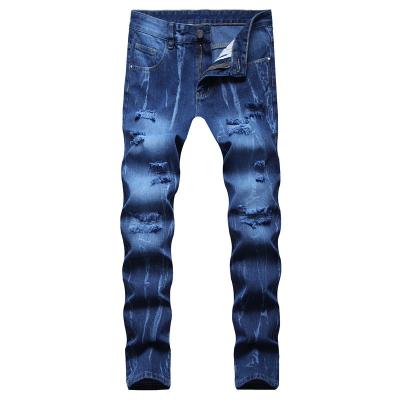 China Factory direct sales breathable men's Europe waist blue jeans hole tops and the United States new youth straight pants for sale