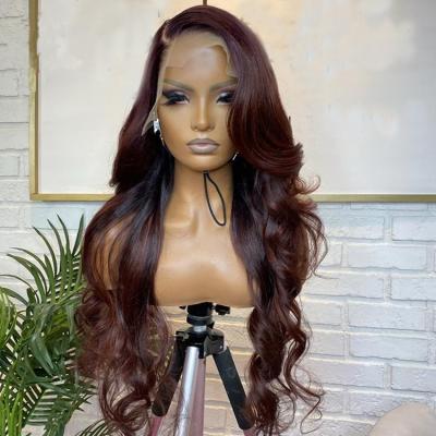 China Burgundy HD Wave Lace Closure Wig 4x4 Lace Front Wig Transparent Swiss Lace Wig Wholesale Loose Closure Wigs for sale