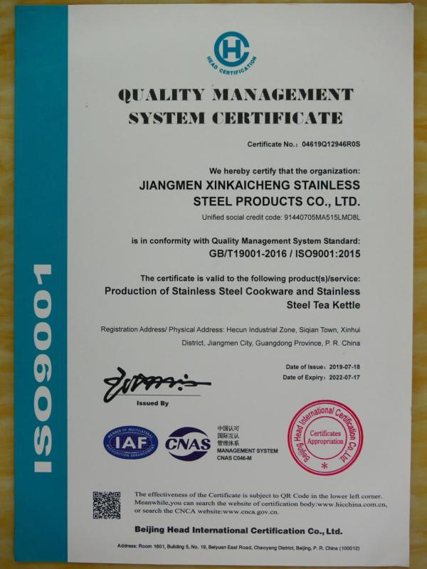 ISO9001 - Jiangmen Xinkaicheng Stainless Steel Products Co., Ltd.