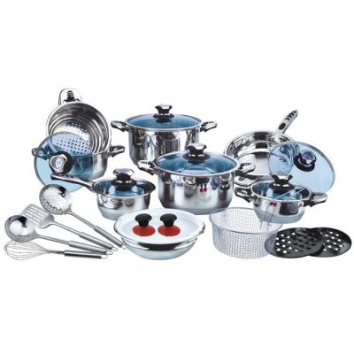 中国 Sustainable heavy bottom cookware set with glass bule SS cookware set 販売のため