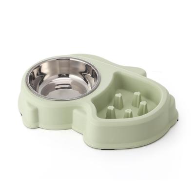 China Auto Travel 2 in 1 Outdoor Plastic Non Slip Dog Food Water Bowl Stainless Steel Slow Feeder Dog Bowl for sale