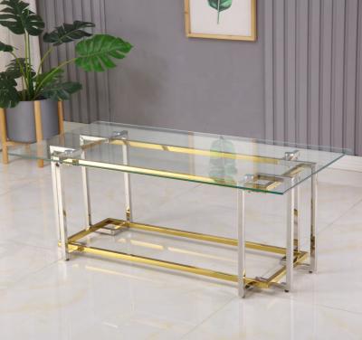 China Modern Living Room Furniture Gold Silver Two Colors Glass Table Design Stainless Steel Glass Coffee Tables Modern for sale