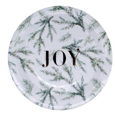 China Party Decoration Gold Foiled JOY With Trees Party Round Christmas Customized Disposable Paper Plate for sale