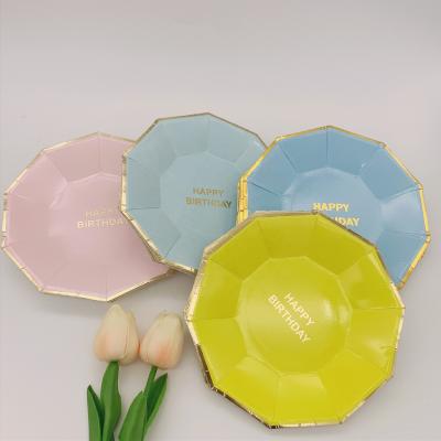 China Party Decoration Stocked Border Decagonal Printed And Gold Foiled Rim Happy Birthday Disposable Party Paper Plate for sale