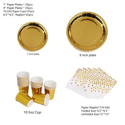 China Party Decoration Gold Foiled Tableware Decoration 25pcs Party Paper Plate Cup Disposable Napkin for sale