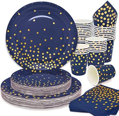 China Beautiful Colorful Dot Blue and Gold Dishes Navy Blue Premium Disposable Party Plates Napkins and Cups Set for Baby Shower Birthday Wedding for sale