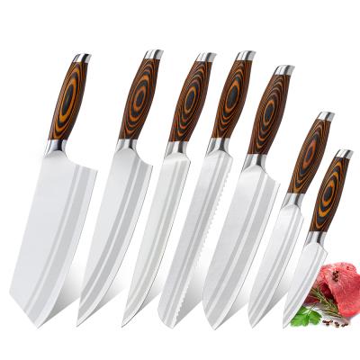 China Sustainable 7PCS Knife Set Cleaver Knife Set Stainless Steel Kitchen Knife Set Pakkawood Handle for sale